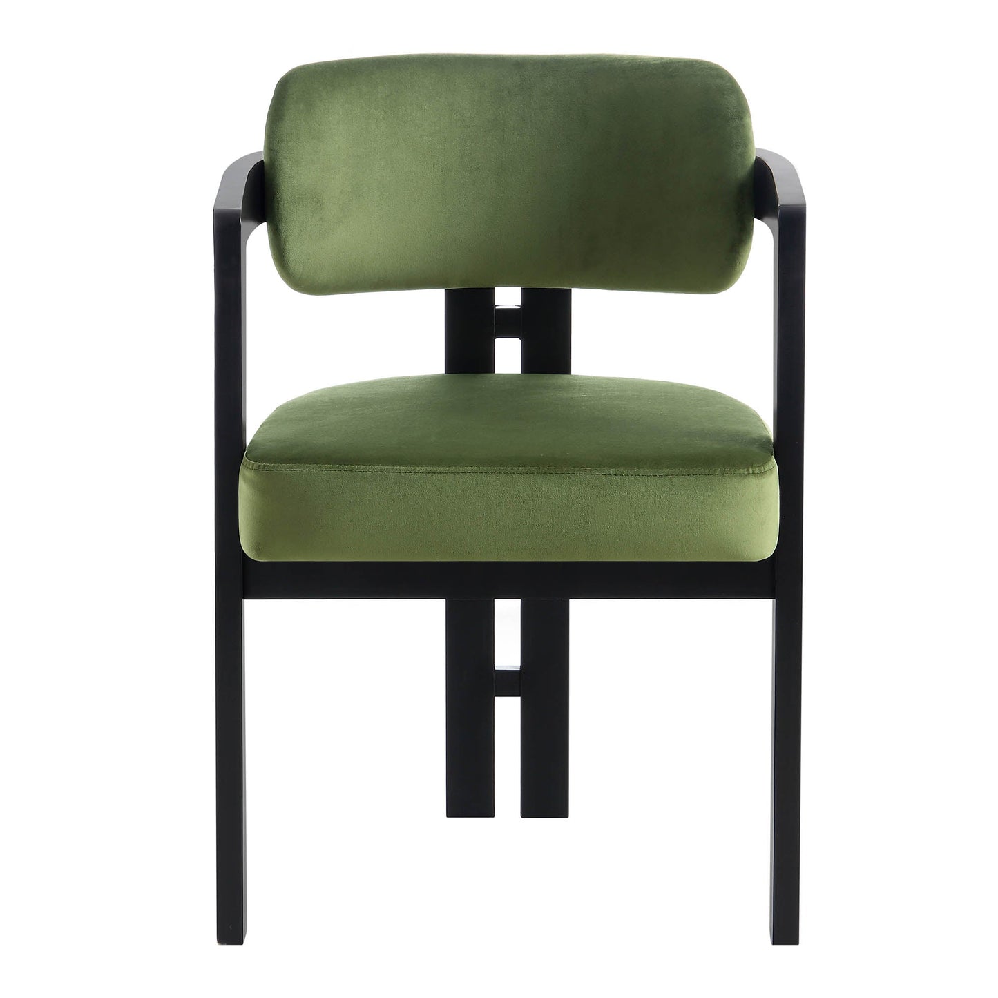 Chaise Stanford incurvée en velours vert mousse avec cadre en bois noir