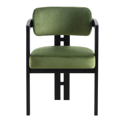 Chaise Stanford incurvée en velours vert mousse avec cadre en bois noir