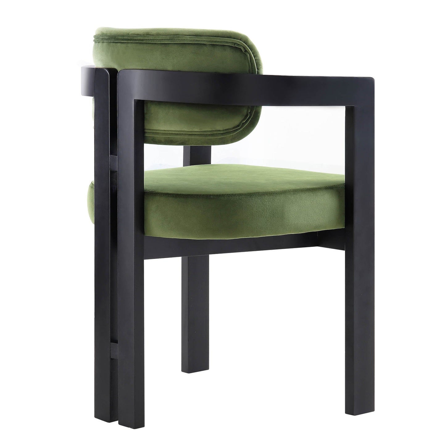 Chaise Stanford incurvée en velours vert mousse avec cadre en bois noir