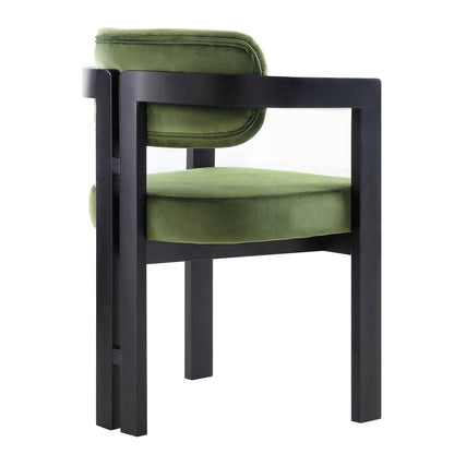 Chaise Stanford incurvée en velours vert mousse avec cadre en bois noir