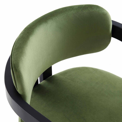 Chaise Stanford incurvée en velours vert mousse avec cadre en bois noir