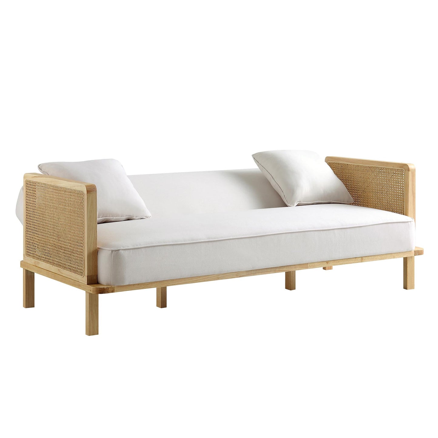 Canapé-lit Pienza en bois massif et rotin, tissu beige avec cadre naturel
