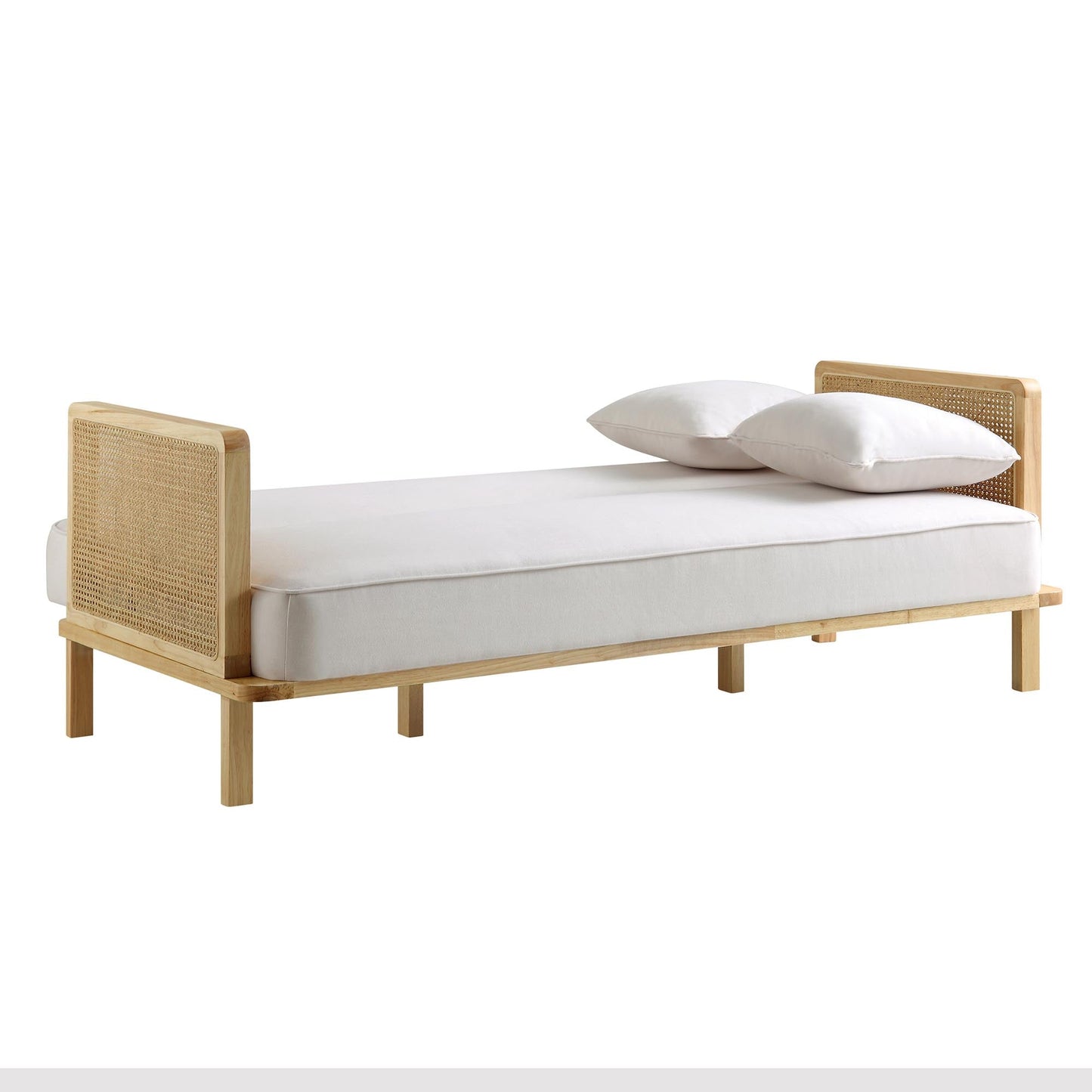 Canapé-lit Pienza en bois massif et rotin, tissu beige avec cadre naturel