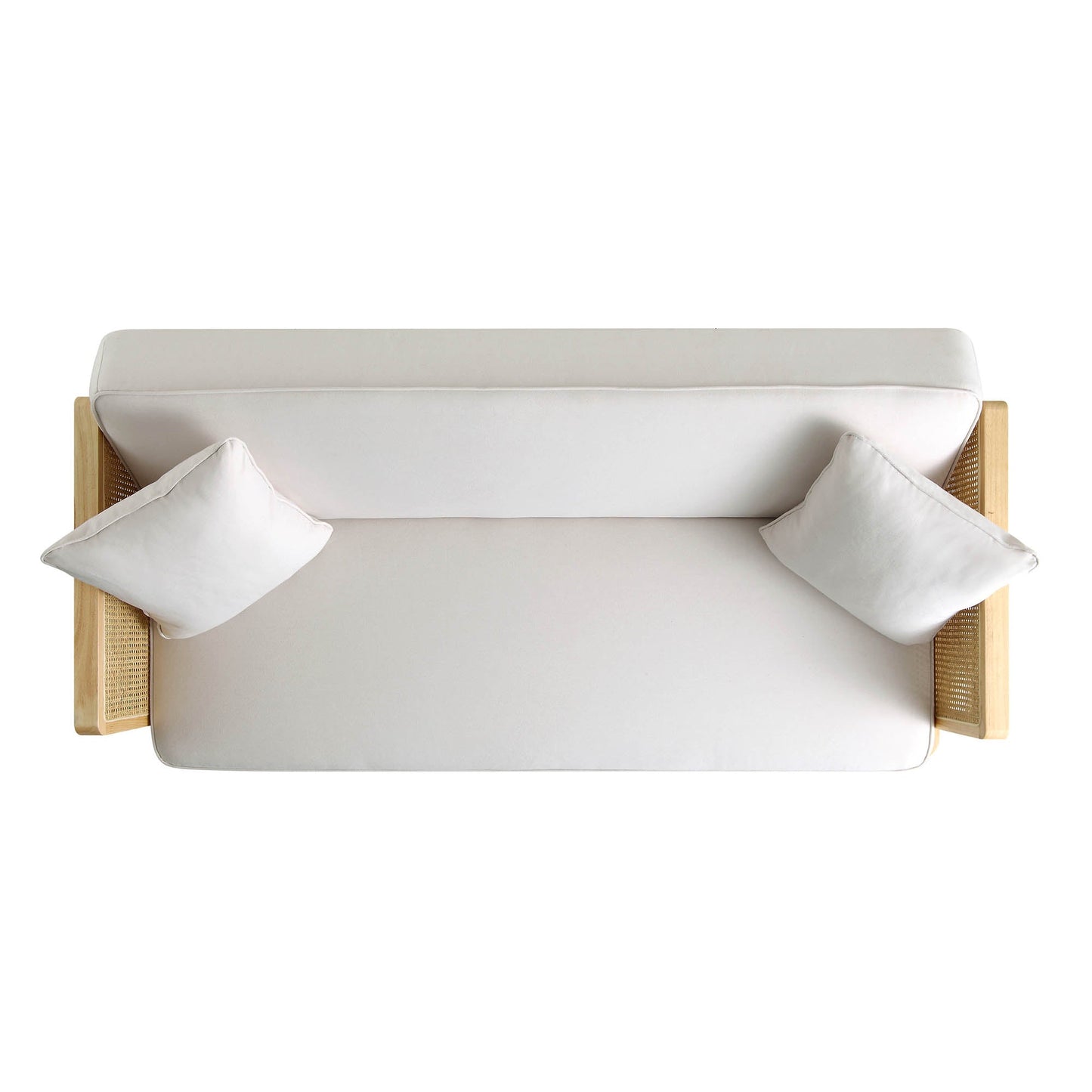 Canapé-lit Pienza en bois massif et rotin, tissu beige avec cadre naturel