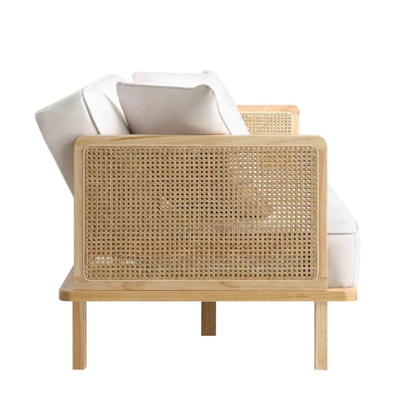 Canapé-lit Pienza en bois massif et rotin, tissu beige avec cadre naturel
