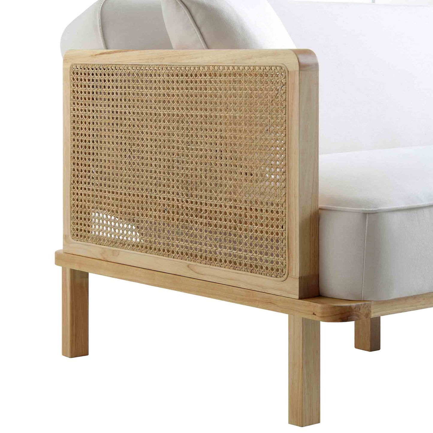 Canapé-lit Pienza en bois massif et rotin, tissu beige avec cadre naturel