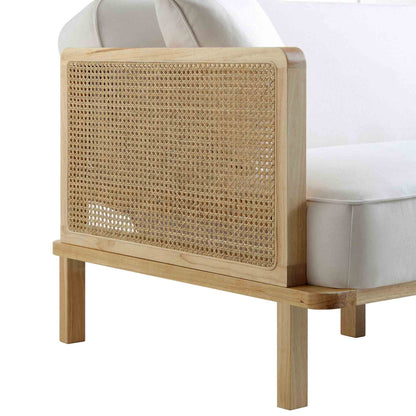 Canapé-lit Pienza en bois massif et rotin, tissu beige avec cadre naturel
