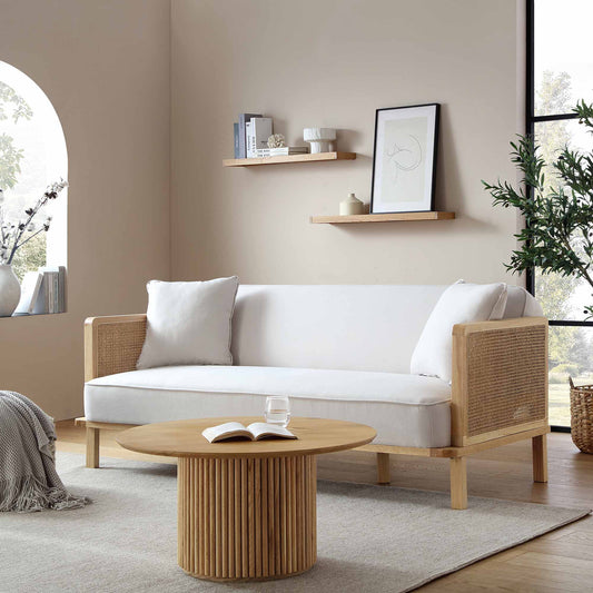 Canapé-lit Pienza en bois massif et rotin, tissu beige avec cadre naturel