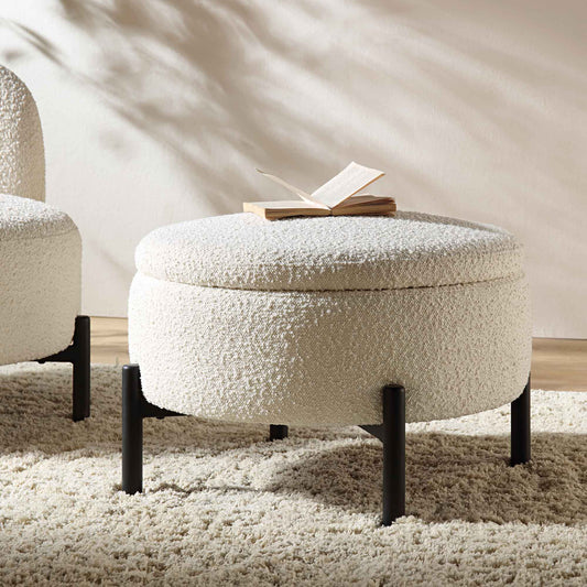 Pouf de rangement rond Amboise, boucle écru