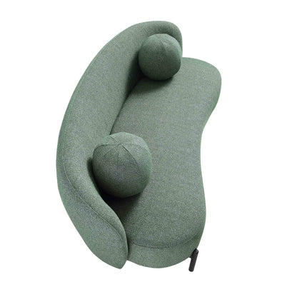 Canapé Amboise 3 places incurvé avec coussins boules, tissu texturé vert épicéa