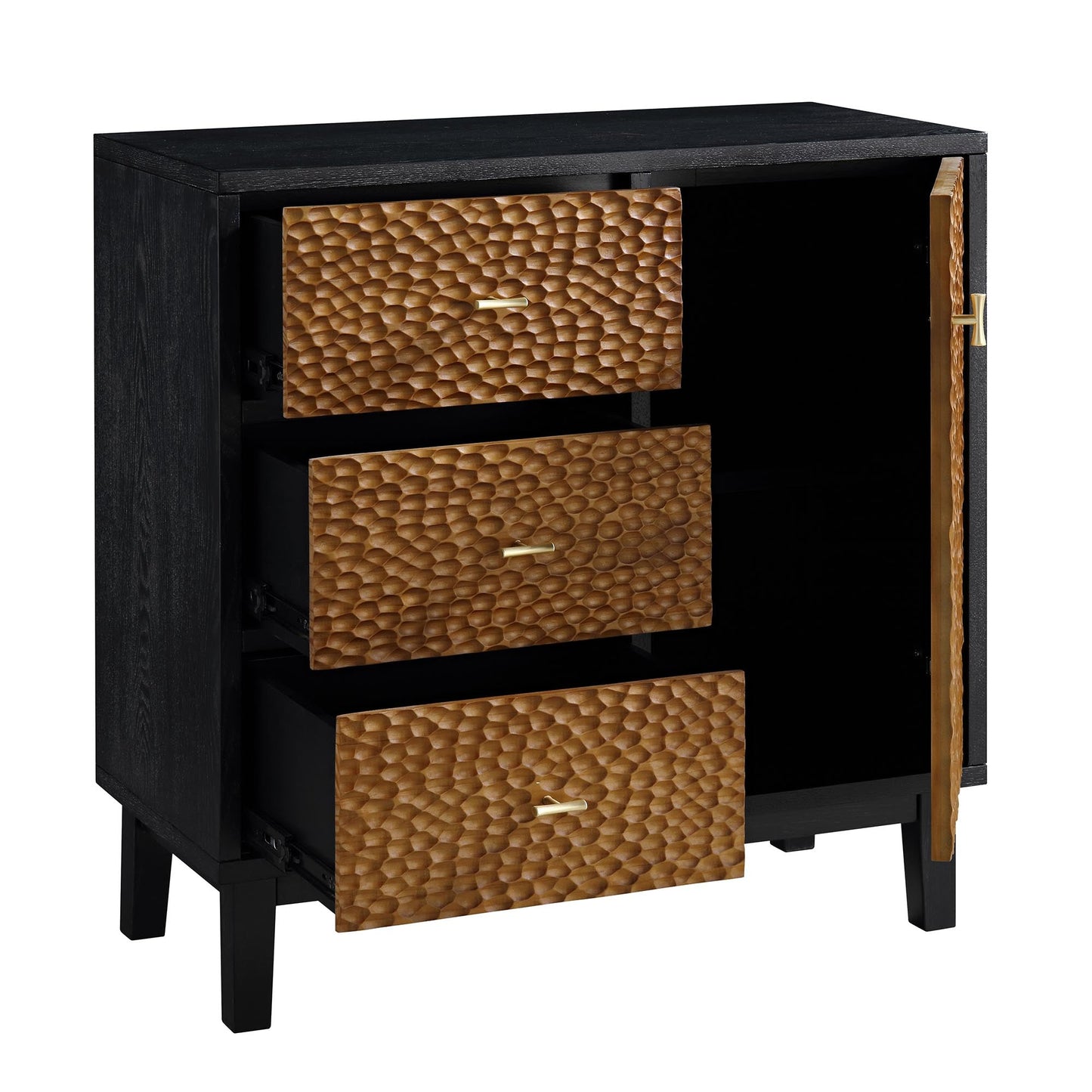 Buffet Bianca Chip sculpté à 1 porte et 3 tiroirs, bronze antique et noir