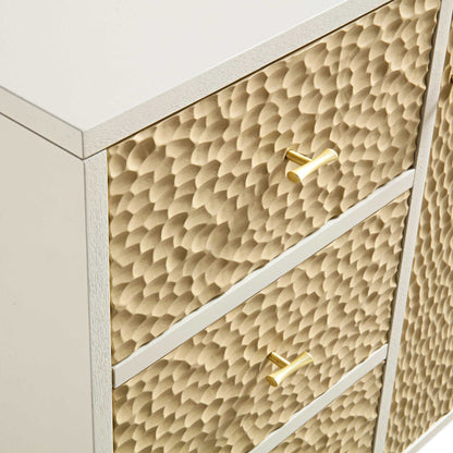 Buffet Bianca Chip sculpté 1 porte 3 tiroirs, beige sable et ivoire