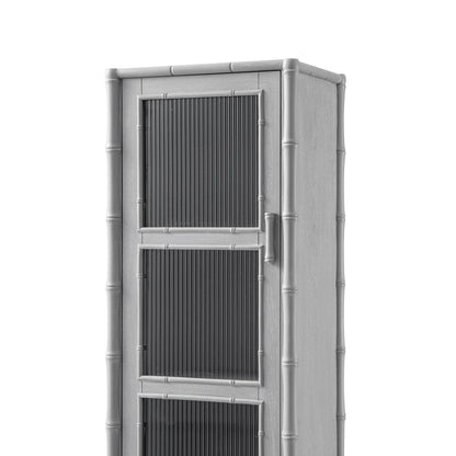 Armoire 1 porte Elstowe en imitation bambou et verre cannelé, gris chaud