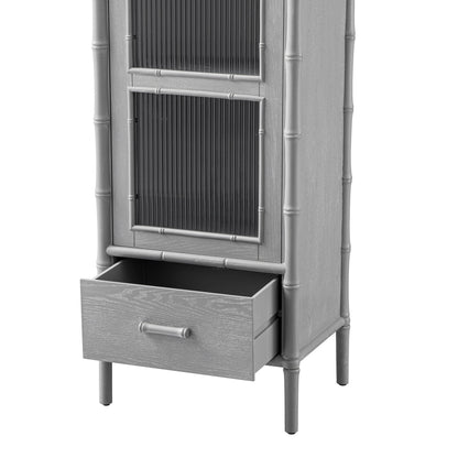 Armoire 1 porte Elstowe en imitation bambou et verre cannelé, gris chaud