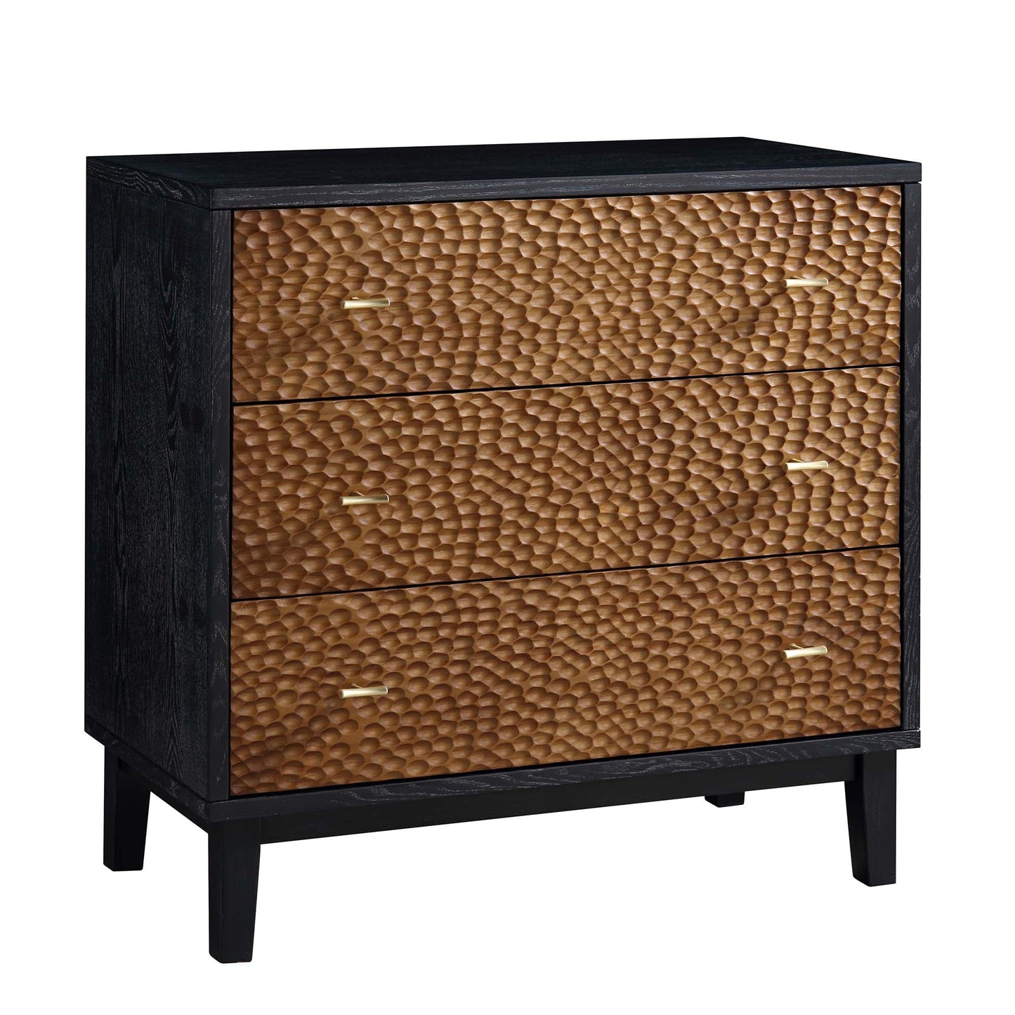 Commode 3 tiroirs sculptée Bianca Chip, bronze antique et noir