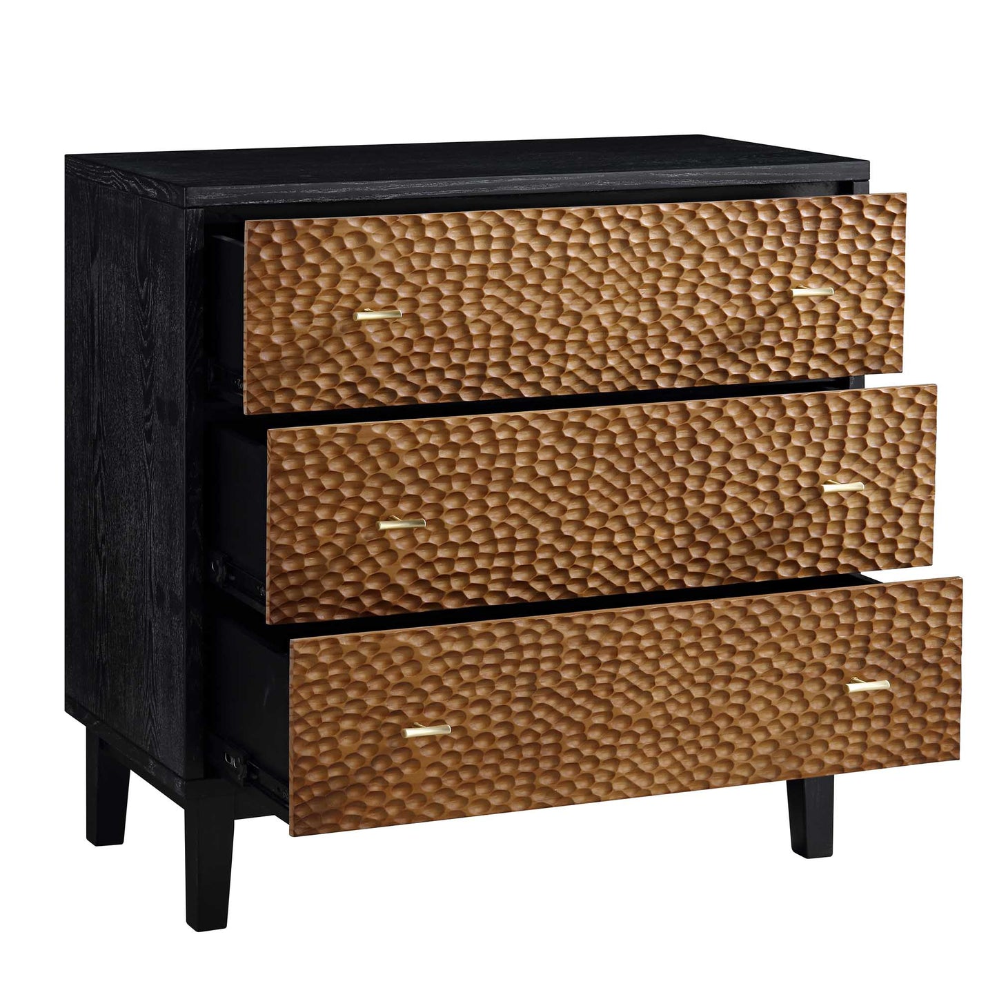 Commode 3 tiroirs sculptée Bianca Chip, bronze antique et noir