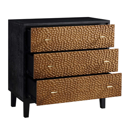 Commode 3 tiroirs sculptée Bianca Chip, bronze antique et noir