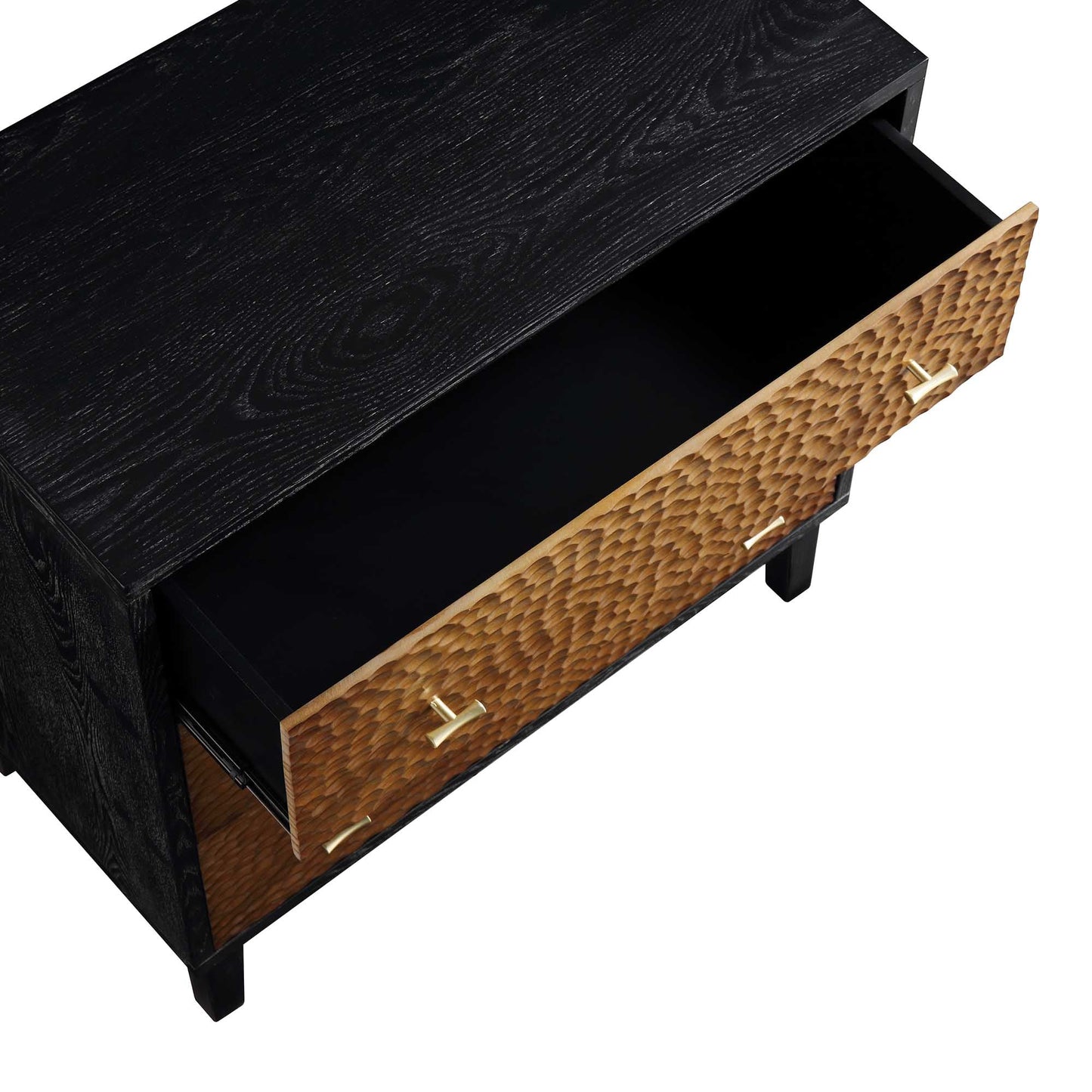 Commode 3 tiroirs sculptée Bianca Chip, bronze antique et noir