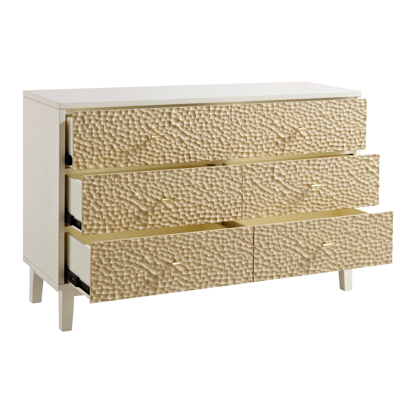 Commode 6 tiroirs sculptée Bianca Chip, beige sable et ivoire