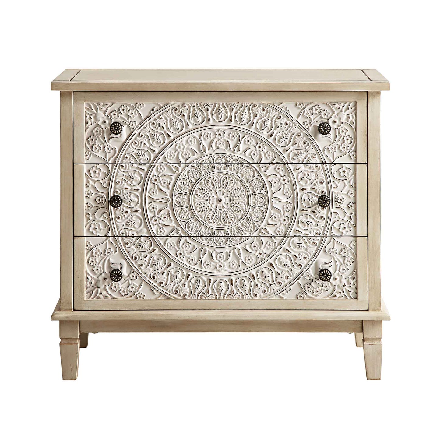 Commode 3 tiroirs sculptée blanchie à la chaux de Chantilly