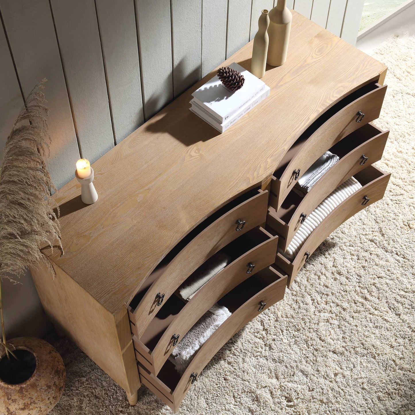 Commode double concave à six tiroirs Thalia, naturelle