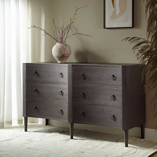 Commode double concave à six tiroirs Thalia, chêne argenté