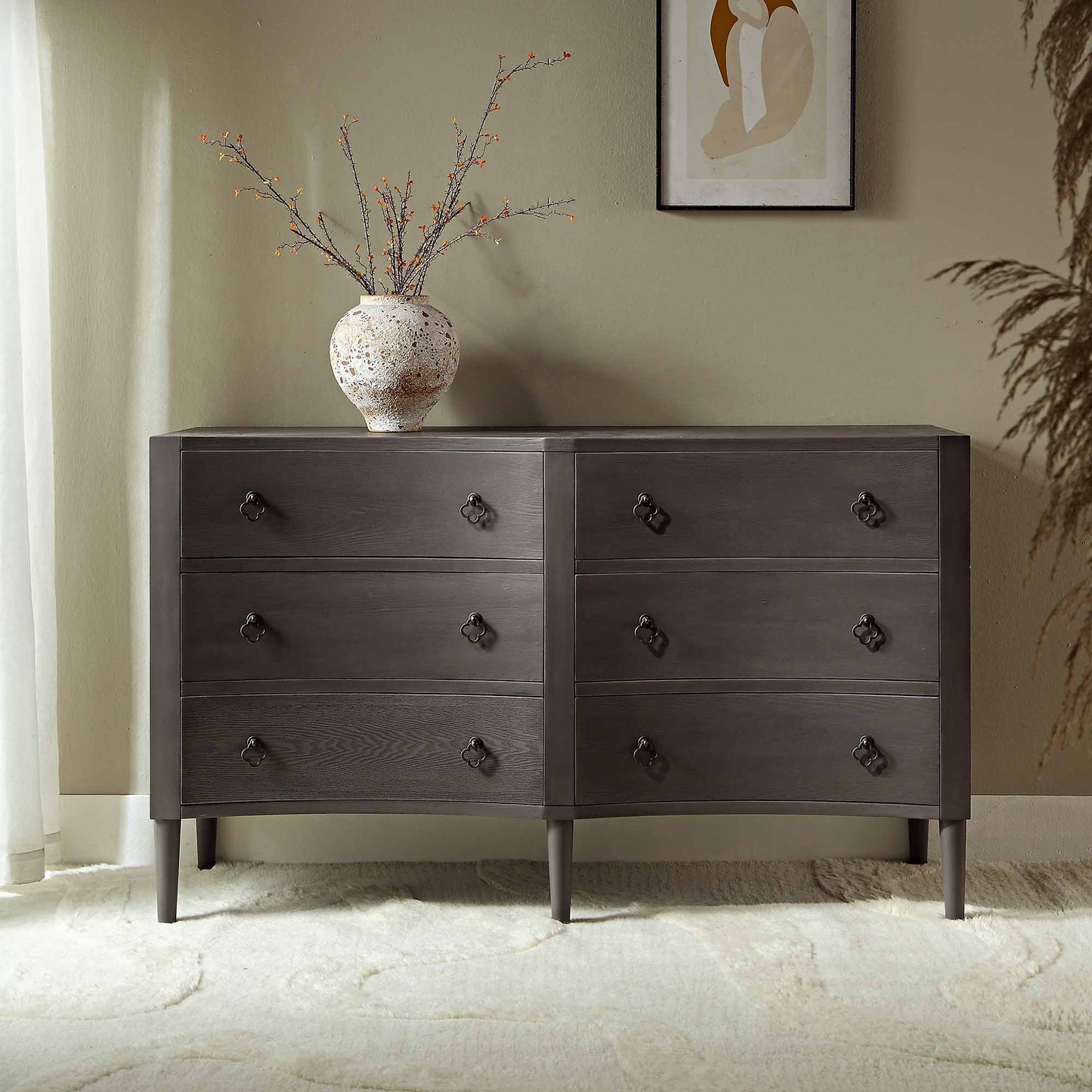 Commode double concave à six tiroirs Thalia, chêne argenté