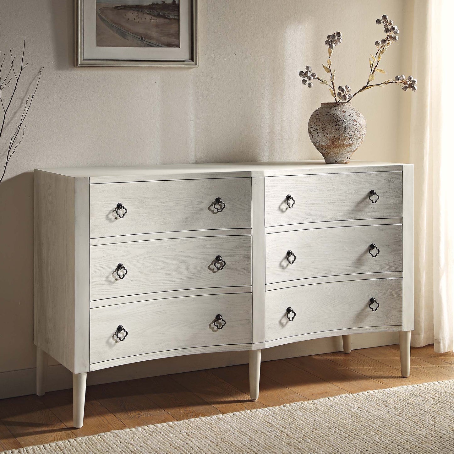 Commode double concave à six tiroirs Thalia, blanc délavé