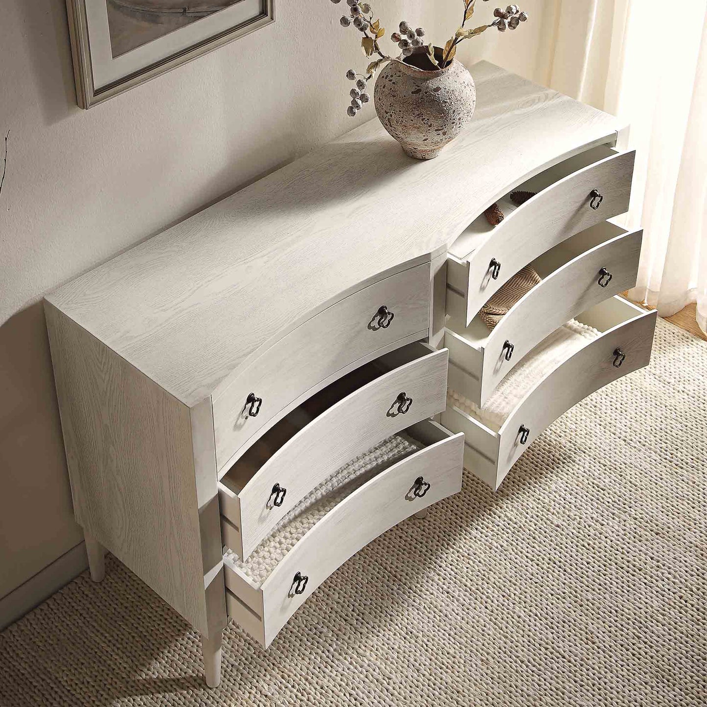 Commode double concave à six tiroirs Thalia, blanc délavé