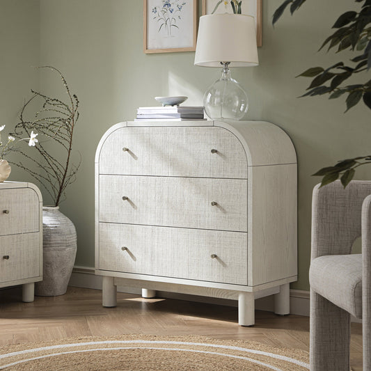 Commode 3 tiroirs Maude, frêne blanc lavé avec raphia
