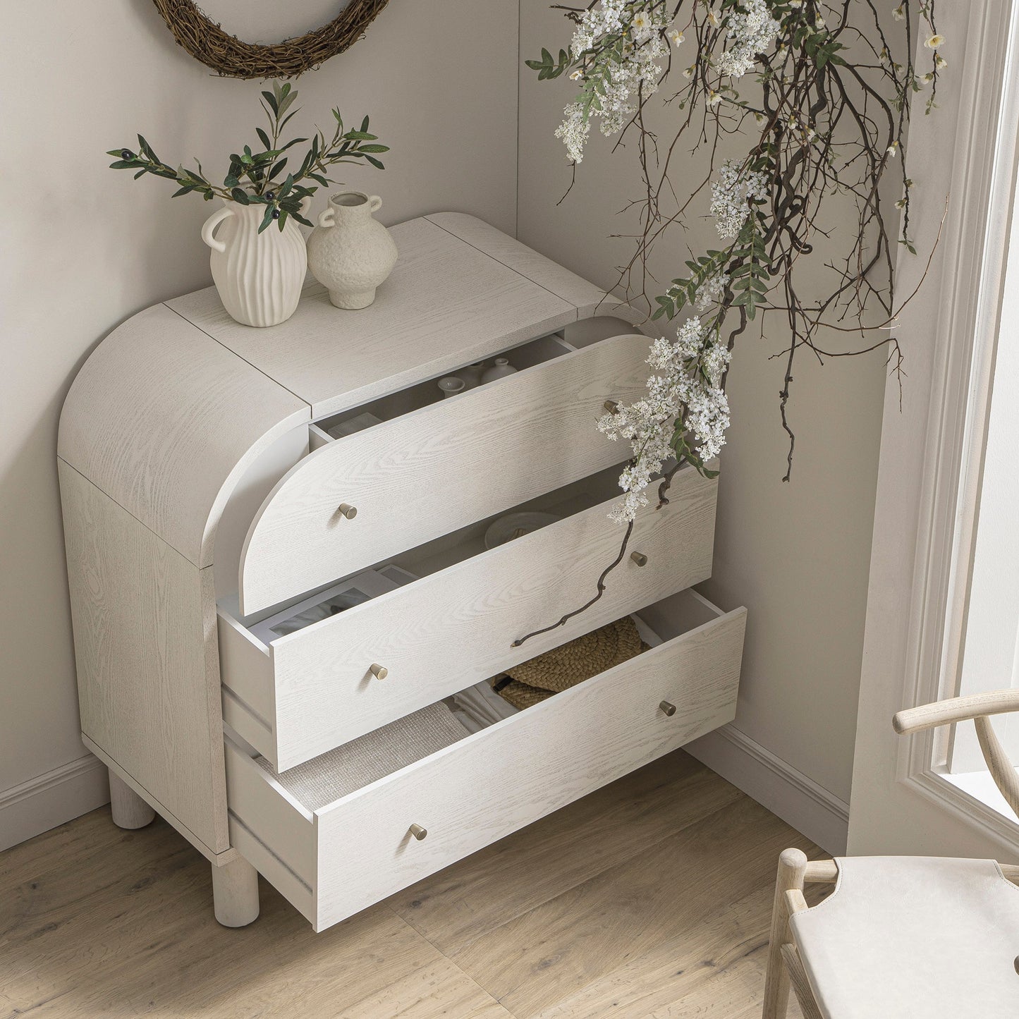 Commode 3 tiroirs Maude, frêne blanc lavé