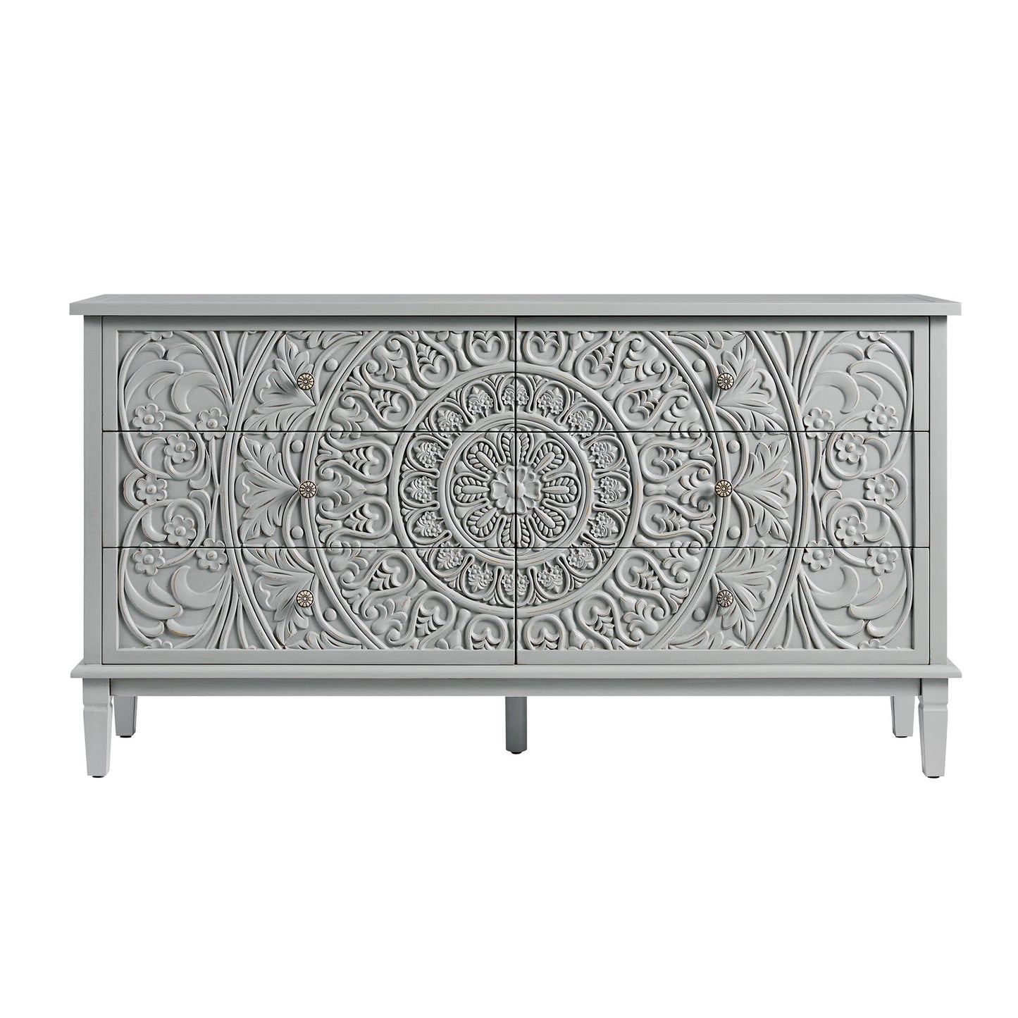 Commode large à 6 tiroirs sculptée Chantilly gris moyen