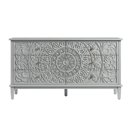 Commode large à 6 tiroirs sculptée Chantilly gris moyen