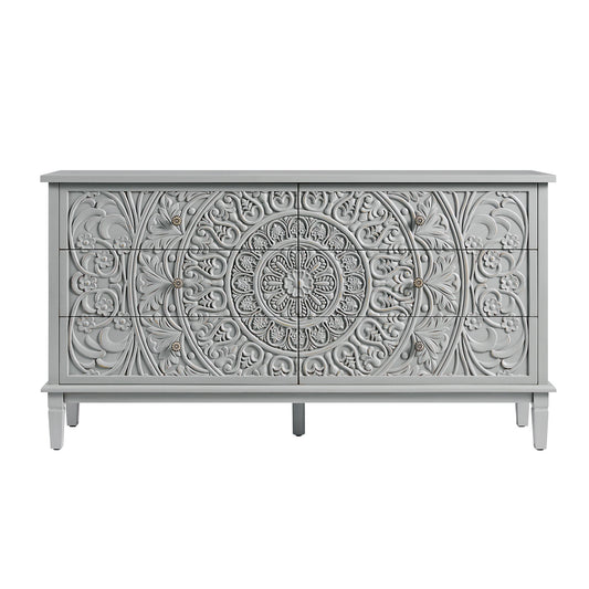 Commode large à 6 tiroirs sculptée Chantilly gris moyen