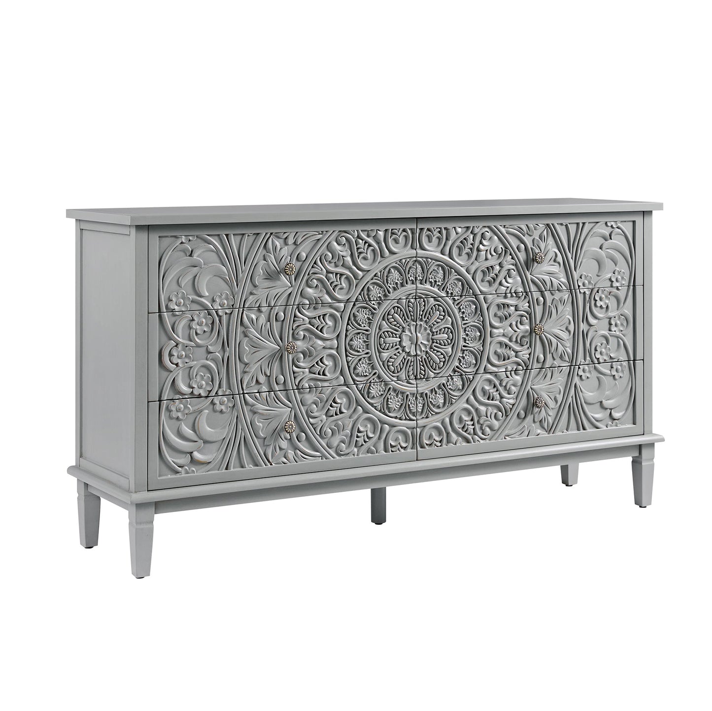 Commode large à 6 tiroirs sculptée Chantilly gris moyen
