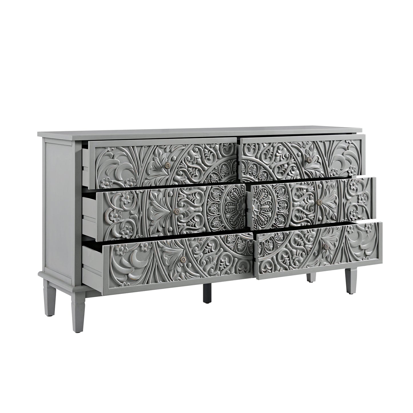 Commode large à 6 tiroirs sculptée Chantilly gris moyen