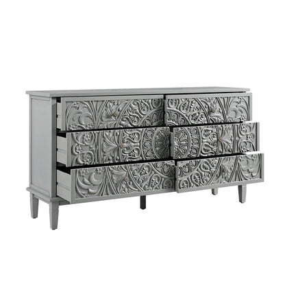 Commode large à 6 tiroirs sculptée Chantilly gris moyen