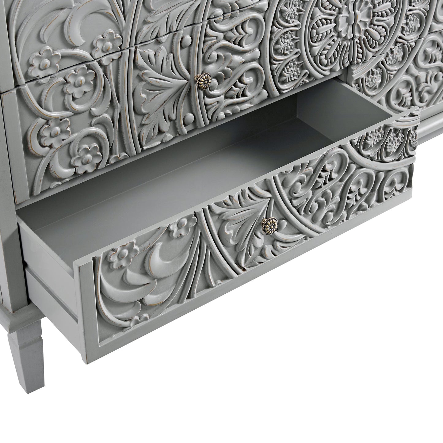 Commode large à 6 tiroirs sculptée Chantilly gris moyen