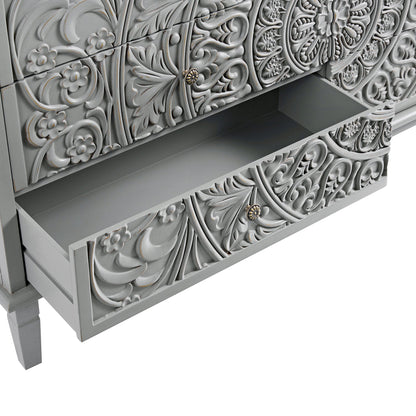 Commode large à 6 tiroirs sculptée Chantilly gris moyen