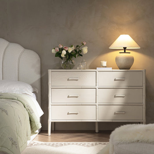 Commode 6 tiroirs Elstowe en imitation bambou, blanc ombré