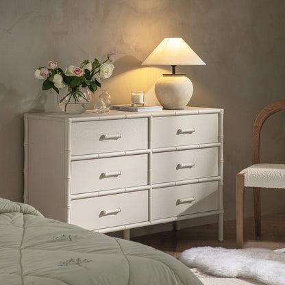 Commode 6 tiroirs Elstowe en imitation bambou, blanc ombré