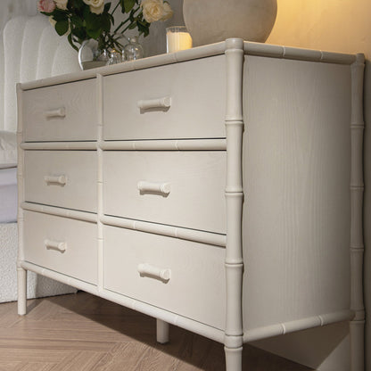 Commode 6 tiroirs Elstowe en imitation bambou, blanc ombré