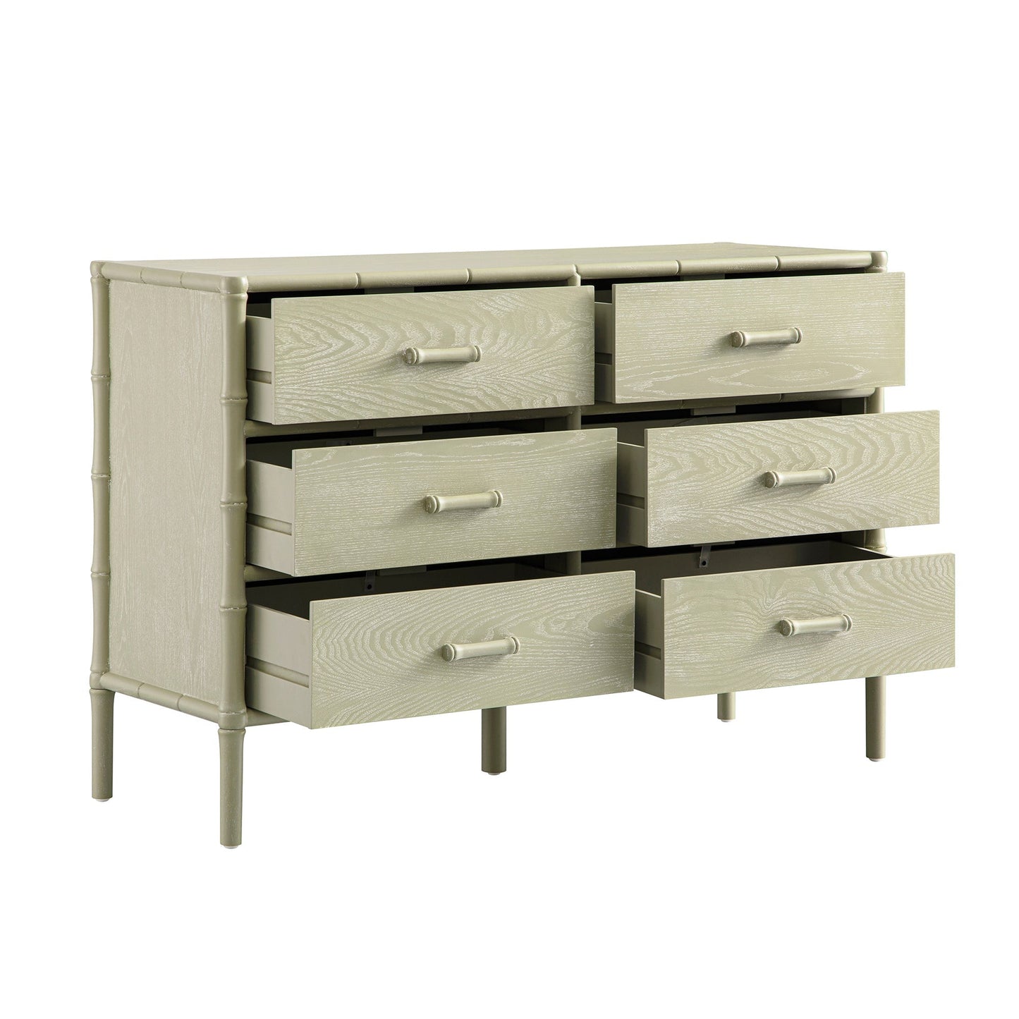 Commode 6 tiroirs Elstowe en imitation bambou, vert sauge