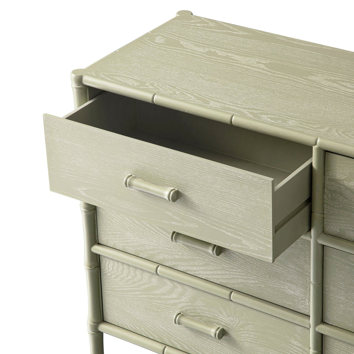 Commode 6 tiroirs Elstowe en imitation bambou, vert sauge