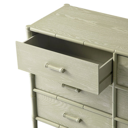 Commode 6 tiroirs Elstowe en imitation bambou, vert sauge