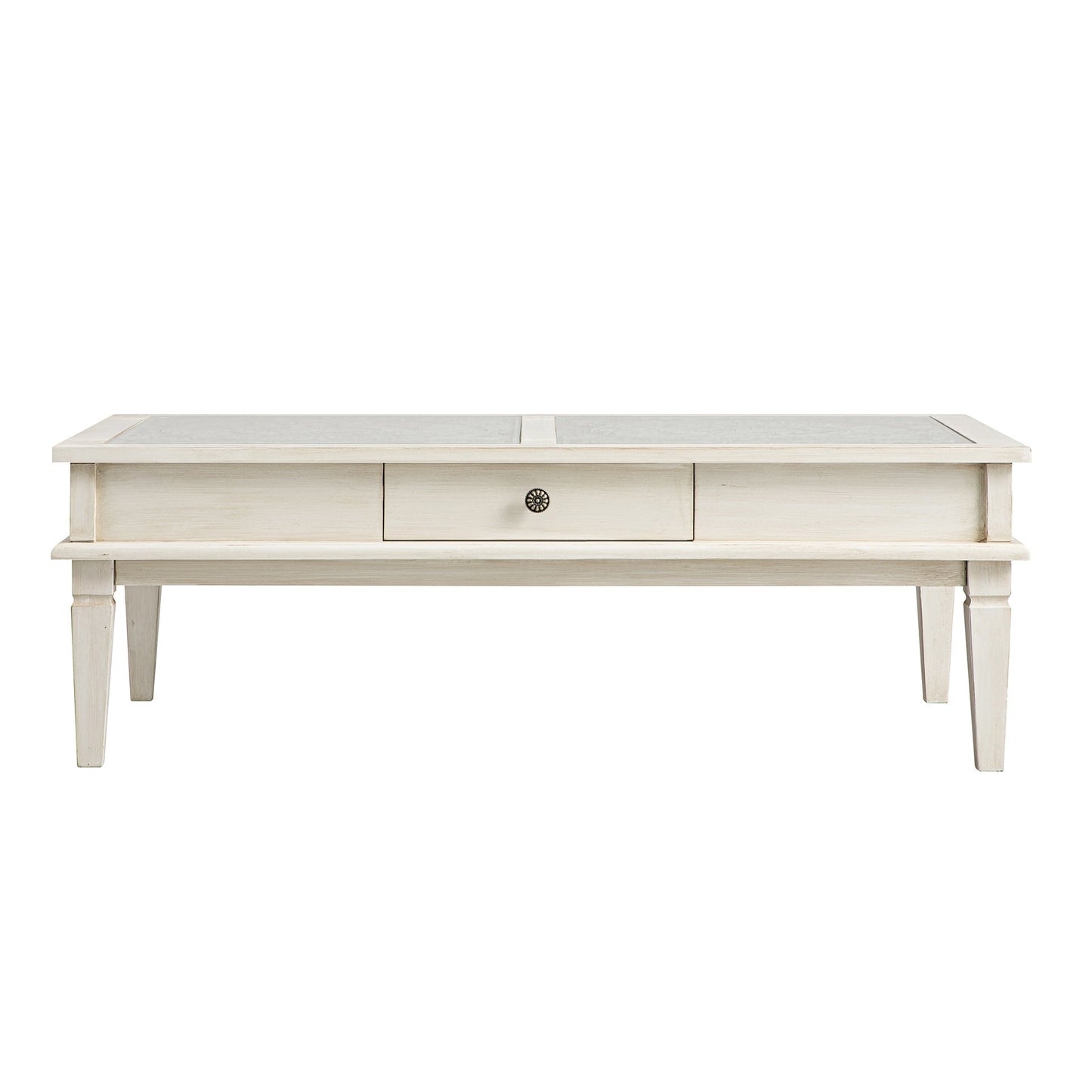 Table basse blanchie à la chaux Chantilly avec tiroirs