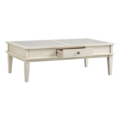 Table basse blanchie à la chaux Chantilly avec tiroirs