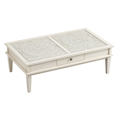 Table basse blanchie à la chaux Chantilly avec tiroirs