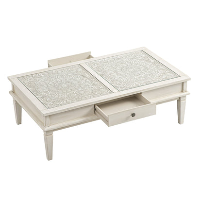 Table basse blanchie à la chaux Chantilly avec tiroirs