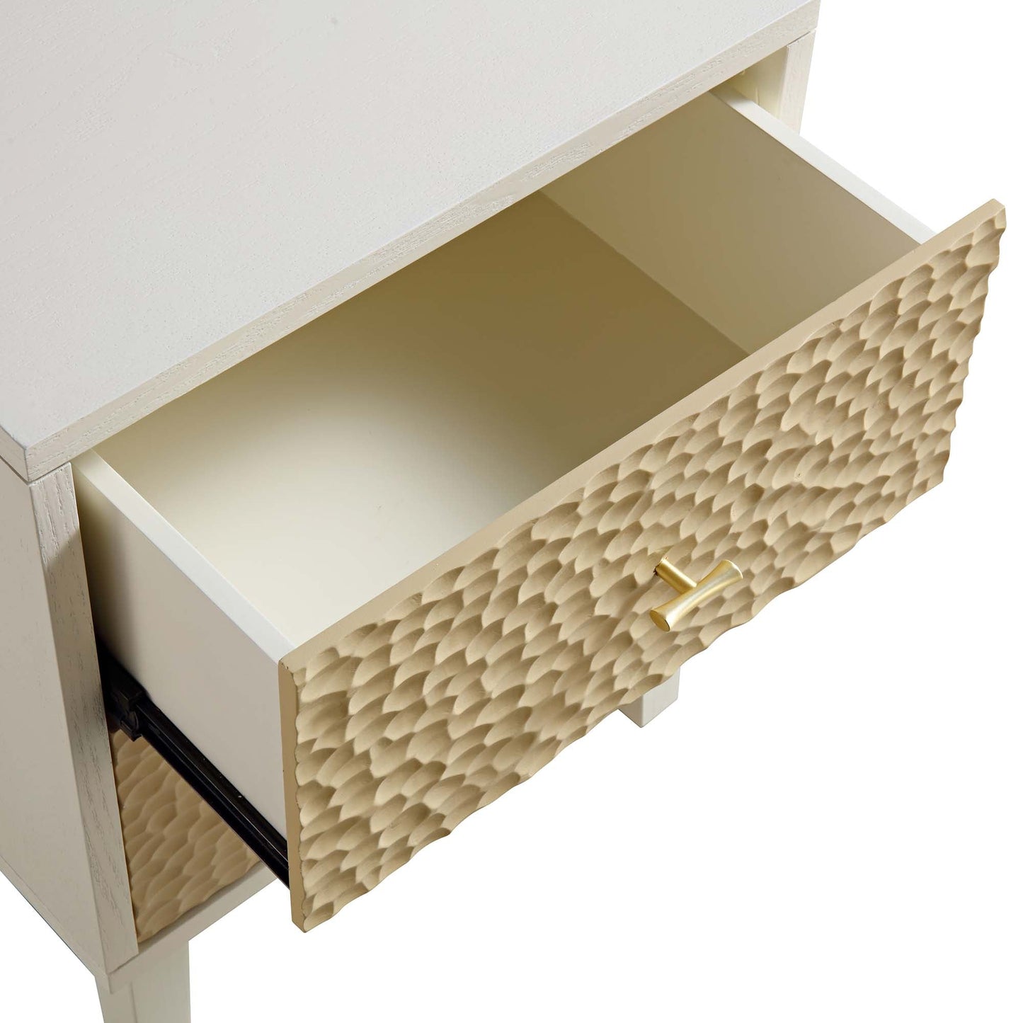 Table de chevet sculptée Bianca Chip, beige sable et ivoire